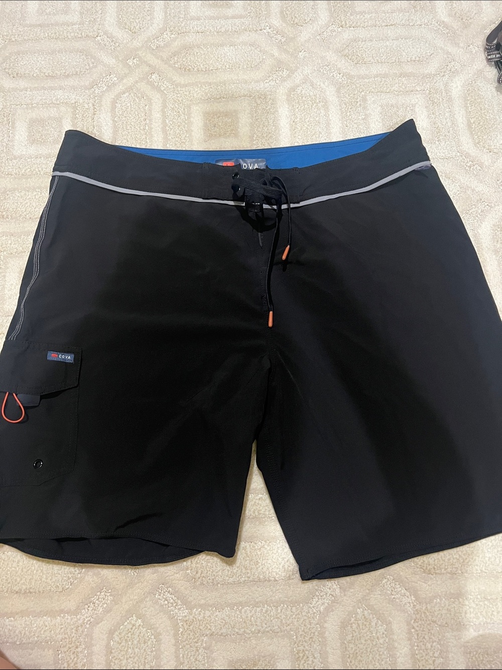 NWOT COVA Black Swim Board Shorts with Blue Waistband Trim